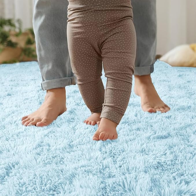 YJ.GWL Area Rugs for Living Room Bedroom, 3x5 Machine Washable Small Light Blue Bedside Rug, Soft Fluffy Shaggy Indoor Floor Carpet for Kids Boy and Girls Room Preppy Dorm Home Decor Aesthetic