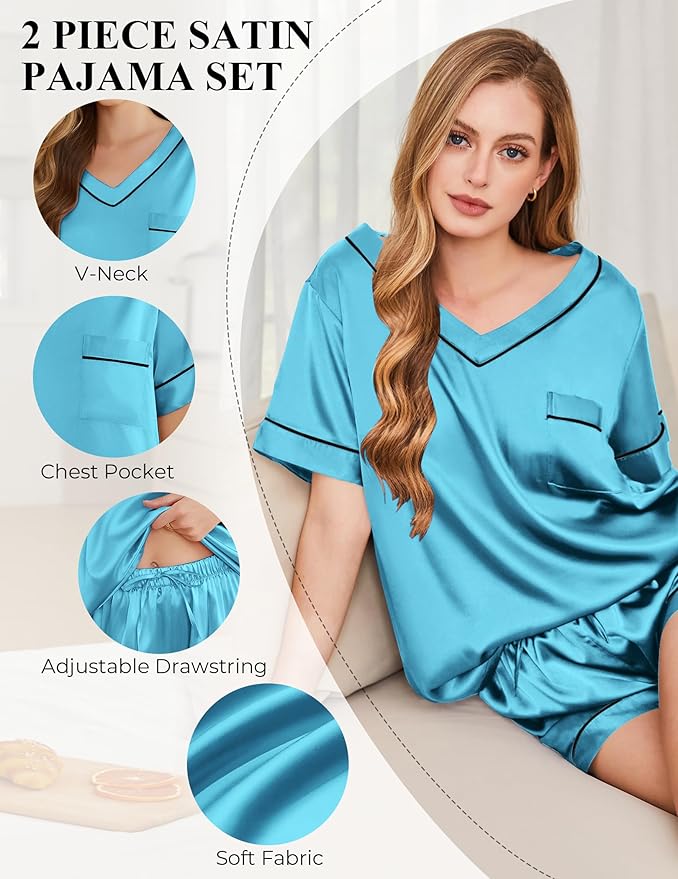 Silk Pajamas for Women Short Sleeve Satin 2 Piece Pj Set Soft V Neck Sleepwear Loungewear, S-XXL