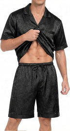 Ekouaer Men Satin Silk Pajamas Set with Pockets Sleepwear Shorts Satin Summer Loungewear 2 Piece Button Down Set S-3XL