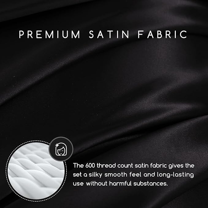 MR&HM Satin Bed Sheets, Full Size Sheets Set, 6 Pcs Silky Bedding Set with 15 Inches Deep Pocket for Mattress (Full, Black)