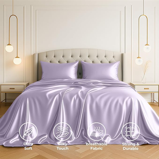 Satin Sheets King [4-Piece, Lavender] Hotel Luxury Silky Bed Sheets - Extra Soft 1800 Microfiber Sheet Set, Wrinkle, Fade, Stain Resistant - Deep Pocket Fitted Sheet, Flat Sheet, Pillow Cases