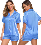 SWOMOG Womens Silk Satin Pajamas Set Short Sleeve Sleepwear Button Down Top and Shorts Loungewear 2 Piece Pjs Set XS-3XL