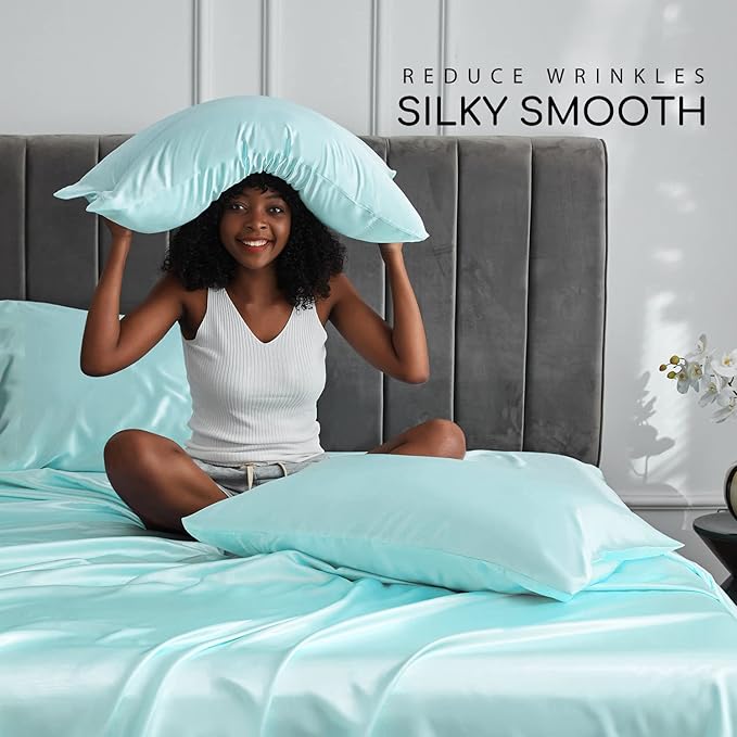 MR&HM Satin Bed Sheets, Twin XL Size Sheets Set, 3 Pcs Silky Bedding Set with 15 Inches Deep Pocket for Mattress (Twin XL, Turquoise)