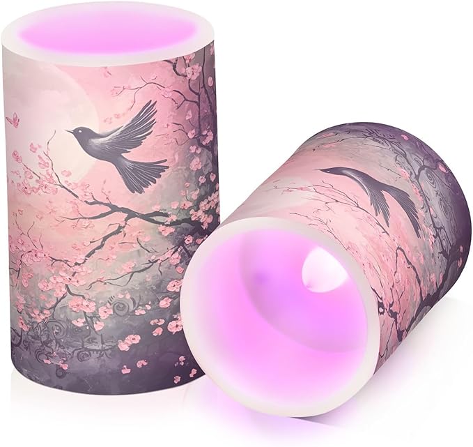 Peach Blossom Moon Bird Flameless Candles Battery Operated Color Changing LED Candles with Remote Control Timer Outdoor Indoor 2 Pack