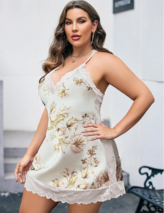 Avidlove Women Lingerie Plus Size Satin Lace Chemise Nightgown Sexy Full Slips Sleepwear L-4XL