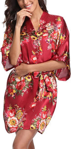 Women's Floral Satin Robes Bride Bridesmaid Getting Ready Robe Short Silky Kimono Sleepwear for Wedding Party