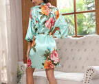 Floral Silk Robes for Women Kimono Satin Short Bath Robe Bridal Dressing Gown Bride Bridesmaids Lightweight Bathrobes