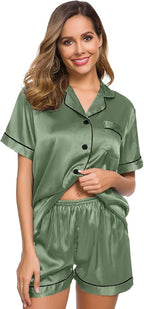 SWOMOG Womens Silk Satin Pajamas Set Short Sleeve Sleepwear Button Down Top and Shorts Loungewear 2 Piece Pjs Set XS-3XL