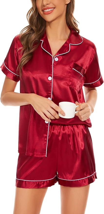 Women's Silk Pajama Set Short Sleeve Sleepwear Satin Button Down Pj Tops and Shorts 2 Piece Loungewear