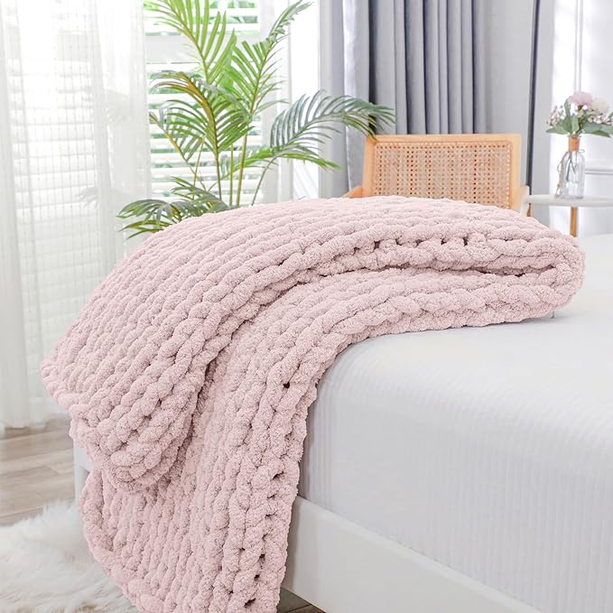 Bigacogo Chunky Knit Throw Blanket for Couch, 40x60 inches, 100% Hand Knitted with Thick Jumbo Chenille Yarn, Cozy Soft Large Rope Knot Cable Crochet Blankets for Sofa Bed Living Room, Rose Tan
