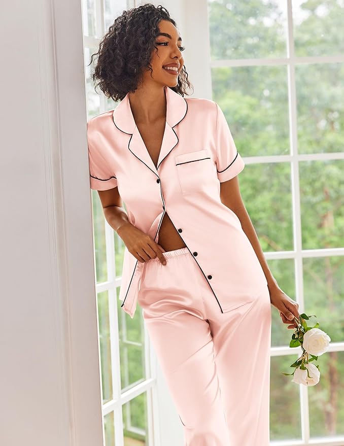 Ekouaer Silk Satin Pajamas Set Women Short Sleeve Sleepwear Soft Button Down Loungewear Pjs Set