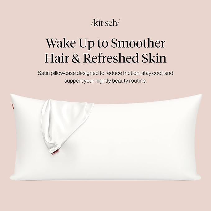 Kitsch Satin Pillowcase with Zipper for Hair & Skin - Softer Than Silk Pillow Cases, Smooth Cooling Satin Pillow Case, Wrinkle-Free, Machine Washable - King Size Satin Pillow Case (19x36), Ivory 2pcs