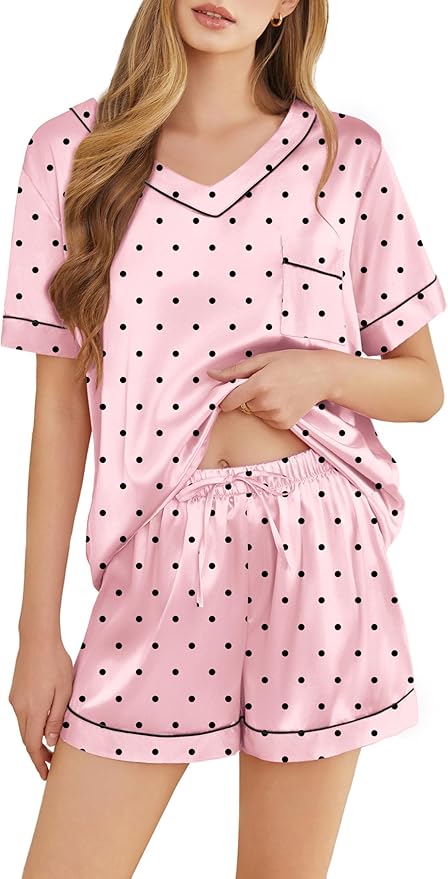 Silk Pajamas for Women Short Sleeve Satin 2 Piece Pj Set Soft V Neck Sleepwear Loungewear, S-XXL
