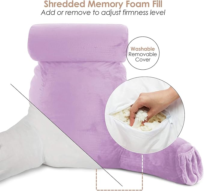 Clara Clark Reading Pillow with Shredded Memory Foam Includes 2 Neck and Lumber Support Pillows, Designed for Sitting Up in Bed and Couch, Back and Arms Adjustable Support for Adults & Teens, Lavender