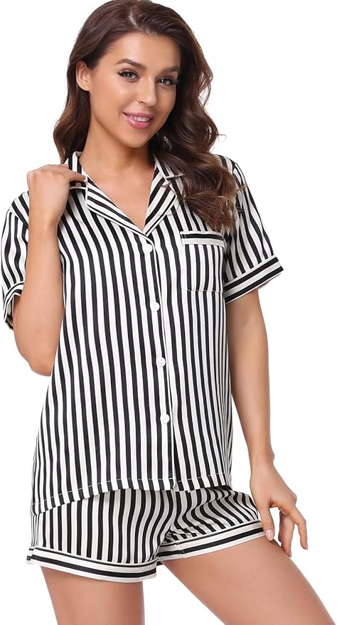 Serenedelicacy Women's Satin Pajama Set 2-Piece Sleepwear Loungewear Button Down Short Sleeve Silky PJ Set