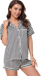 Serenedelicacy Women's Satin Pajama Set 2-Piece Sleepwear Loungewear Button Down Short Sleeve Silky PJ Set
