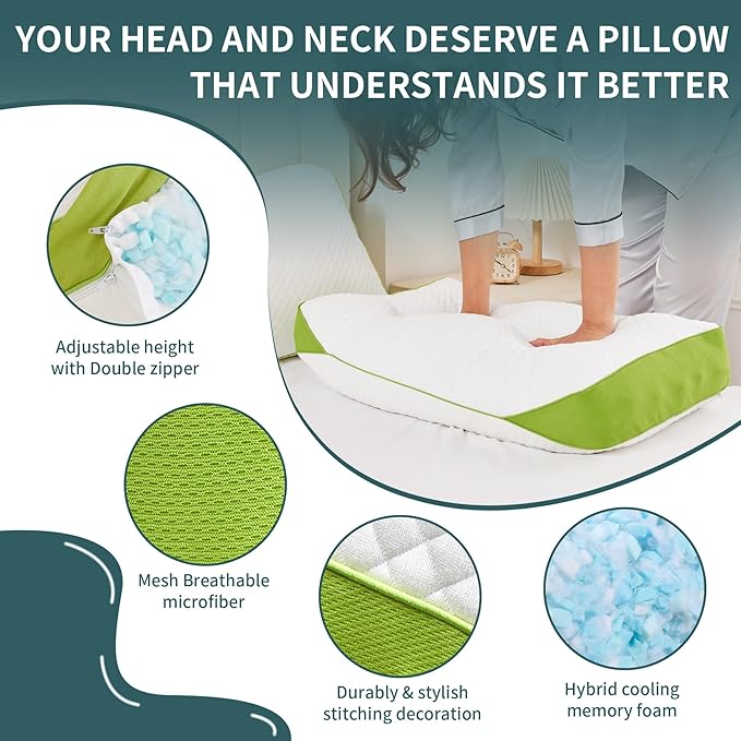 Luxury Hotel Cooling Pillow for Sleeping,Medium Firm Shredded Memory Foam Pillows Standard Size Set of 2,with Zipper Adjustable Supportive