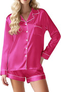 Ekouaer Satin Pajama Set for Women Button Down Pj Set Long Sleeve Top and Shorts 2 Piece Loungewear Summer Soft Sleepwear