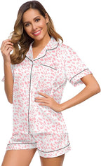 SWOMOG Womens Silk Satin Pajamas Set Short Sleeve Sleepwear Button Down Top and Shorts Loungewear 2 Piece Pjs Set XS-3XL