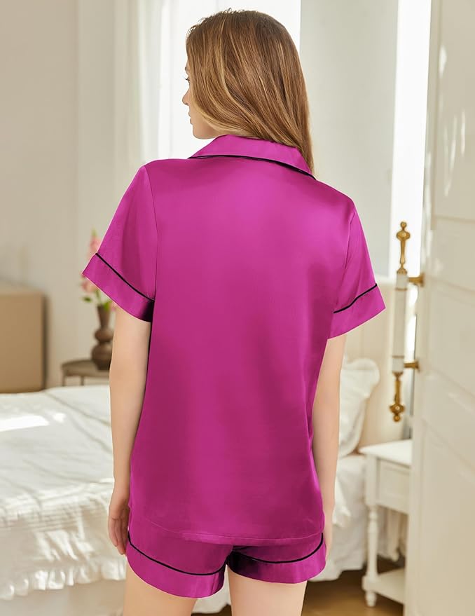 Silk Pajamas for Women Short Sleeve Sleepwear Soft Button Down Loungewear 2 Piece Satin Pjs Shorts Set S-XXL