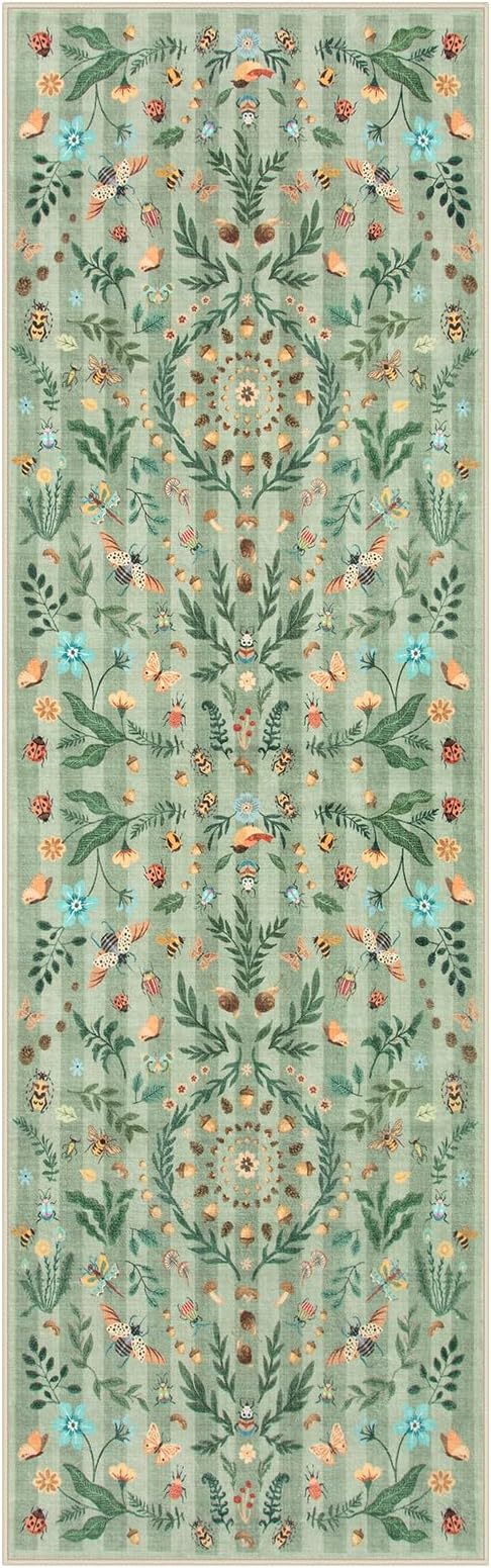 Lahome Chloe Insect Botanical 2'6"x8 Green Hallway Runner Rug, Bathroom Kitchen Runner Rugs Non Skid Washable, Soft Non-Slip Indoor Carpet Runners for Entryway Laundry Bedroom(Green,2'6"x8)