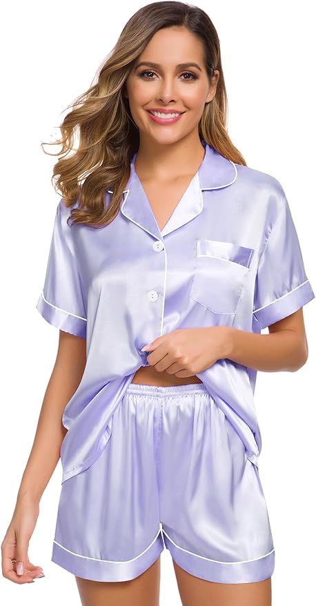 SWOMOG Womens Silk Satin Pajamas Set Short Sleeve Sleepwear Button Down Top and Shorts Loungewear 2 Piece Pjs Set XS-3XL