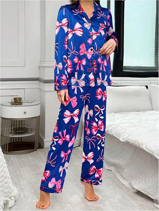 WDIRARA Women's 2 Piece Bowknot Print Satin Pajama Set Long Sleeve Button Down Lounge Pants Sleepwear Sets