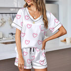 RUEWEY Women Satin Silk Pajamas Lounge Set Heart Print Short Sleeve Tops and Shorts 2 Piece Outfits Sleepwear
