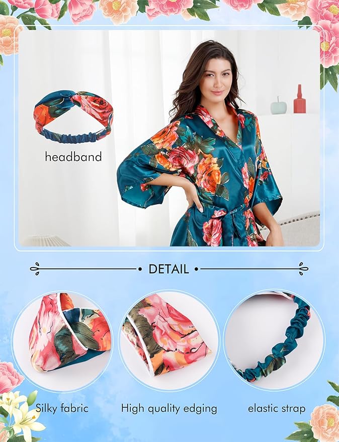 EPLAZA Silk Robes for Women Satin Robe Short Sexy Print Flower Kimono Loungewear Wedding Bridal Party