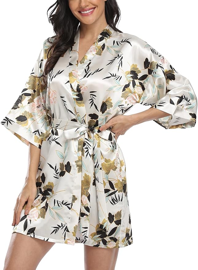 Women's Floral Satin Robes Bride Bridesmaid Getting Ready Robe Short Silky Kimono Sleepwear for Wedding Party