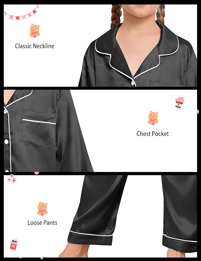 EPLAZA Kids Satin Pajamas Sets Girls Boys Button-Down Silky Pajamas Sleepwear with Hairband Eye Mask Hair Tie