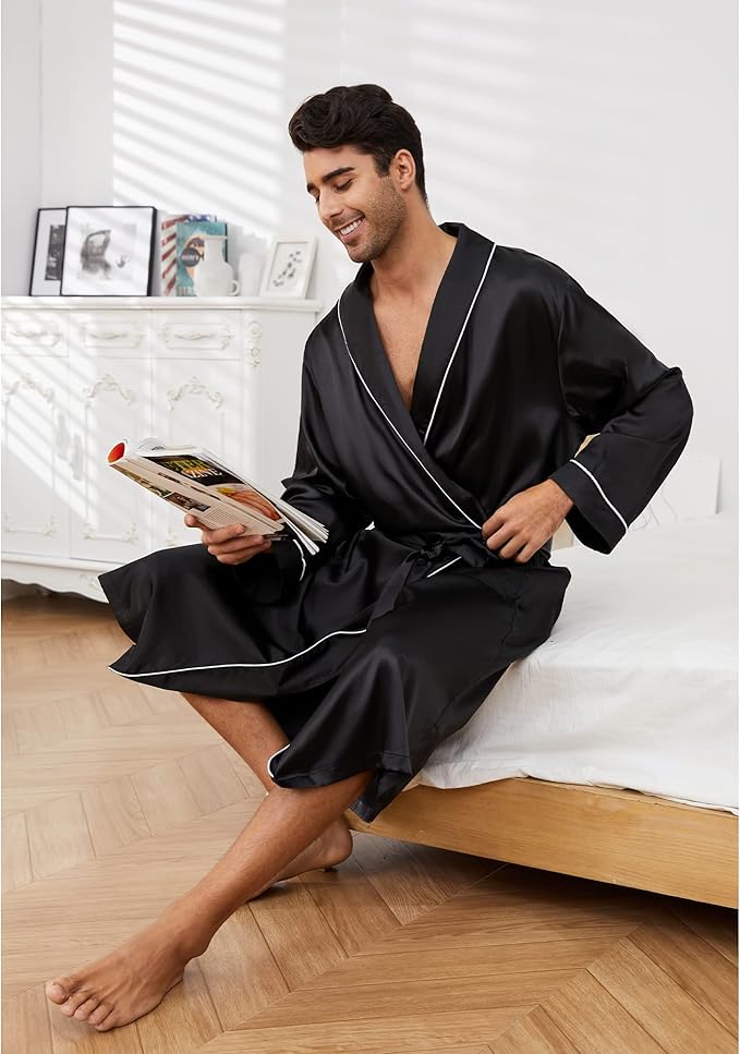 Vulcanodon Men’s Satin Robe Lightweight,Men's Luxurious Silk Kimono Bathrobe