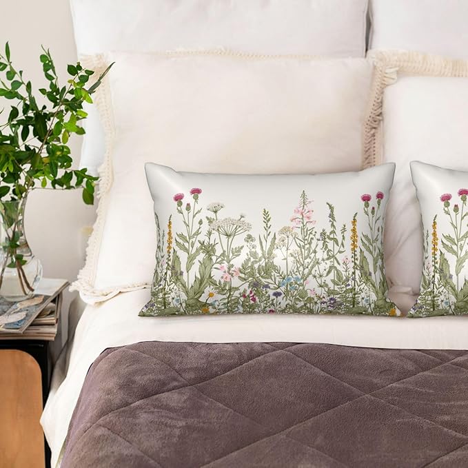 Silk Like Pillowcase for Hair and Skin Herbs and Wildflowers 1 Pack Satin Pillowcase with Hidden Zipper Soft Breathable Smooth Cooling Pillow Cover King Size for Bedroom Sofa 20”x36”