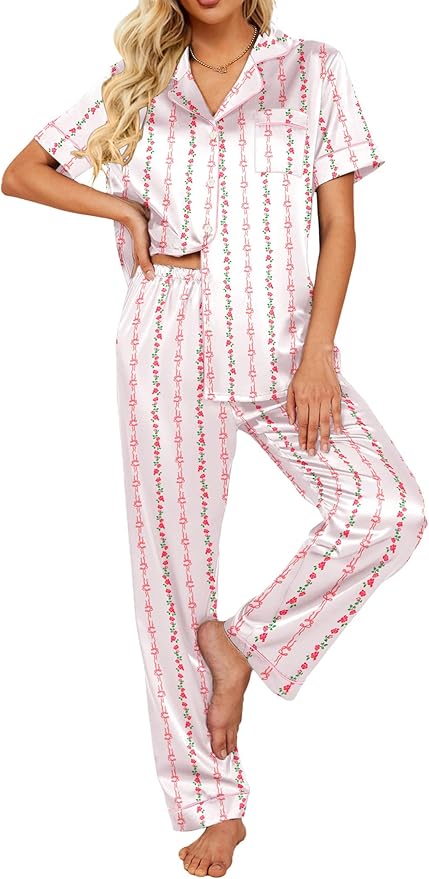 Ekouaer Silk Satin Pajamas Set Women Short Sleeve Sleepwear Soft Button Down Loungewear Pjs Set