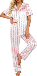 Ekouaer Silk Satin Pajamas Set Women Short Sleeve Sleepwear Soft Button Down Loungewear Pjs Set