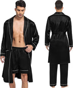 SWOMOG Men's Satin Robe 3 Pcs Silky Kimono Bathrobe Set Lightweight Soft Loungewear Nightwear