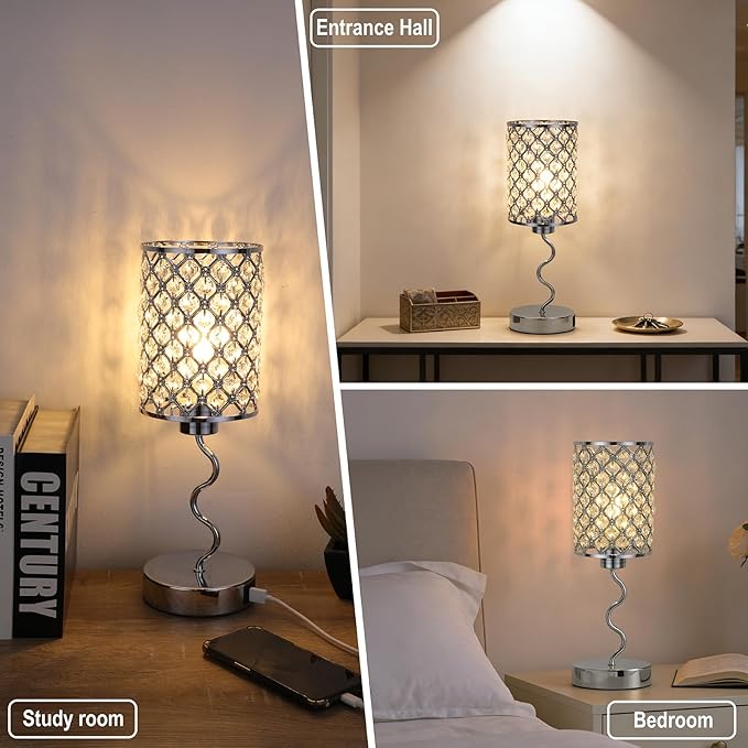 EOEYYOYB Crystal Table Lamp with 3 Way Dimmable Touch Control, Nightstand with USB A+C Ports, Modern Bedside Touch Lamp for Bedroom, Living Room, Office Reading, Silver