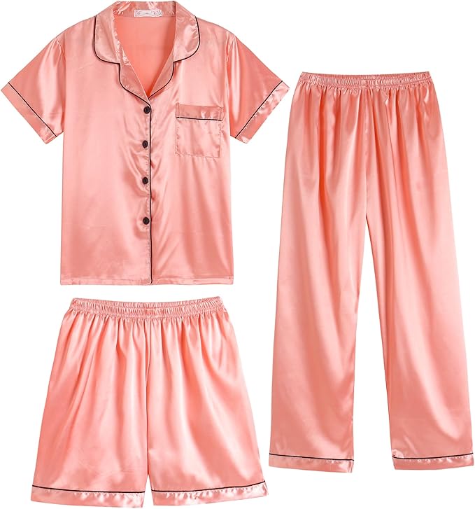 Hupohoi Unisex Girls Boys Kids Pajama Sets Button Down Satin Sleepwear Nighty 3PCS Silky Lounge Sets Nightwear