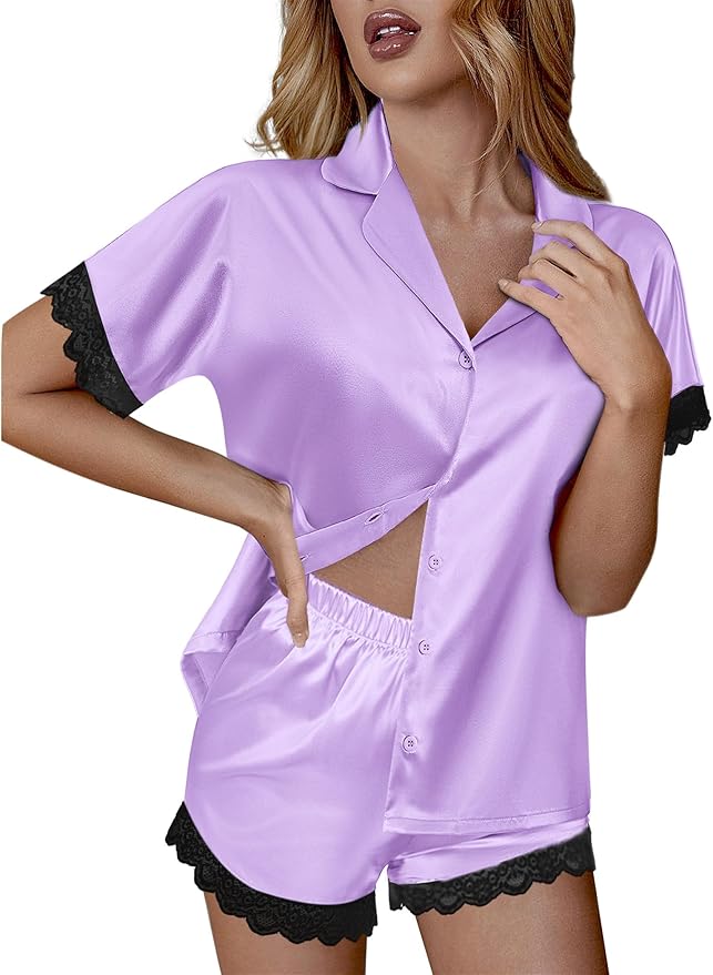 Ekouaer Womens Lace Satin Pajama Set Button Down Pj Shorts Set Bridesmaids Getting Ready Outfits Casual Sleepwear XS-XXL