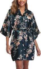 Women's Floral Satin Robes Bride Bridesmaid Getting Ready Robe Short Silky Kimono Sleepwear for Wedding Party