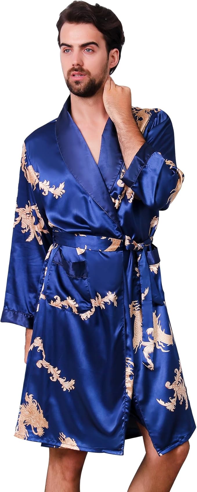 Haseil Men's Satin Robe Dragon Luxurious Silk Spa Long Sleeve House Kimono Bathrobe