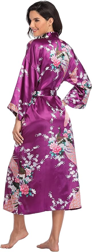 Valennia Women Long Silky Bathrobe Satin Kimono Robe Floral Printed Dressing Gown Sleepwear