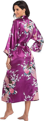 Valennia Women Long Silky Bathrobe Satin Kimono Robe Floral Printed Dressing Gown Sleepwear