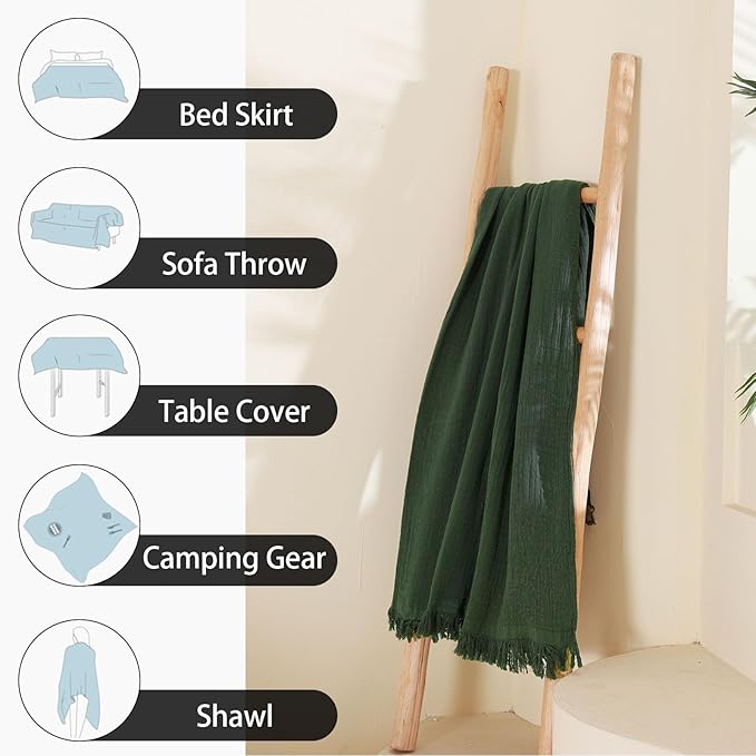 Cotton Muslin Throw Blanket with Tassels, Lightweight Woven Gauze, Pre-Washed Breathable Farmhouse Decor for Bed, Couch, All-Season Use (Olive Green, 50" x 60")