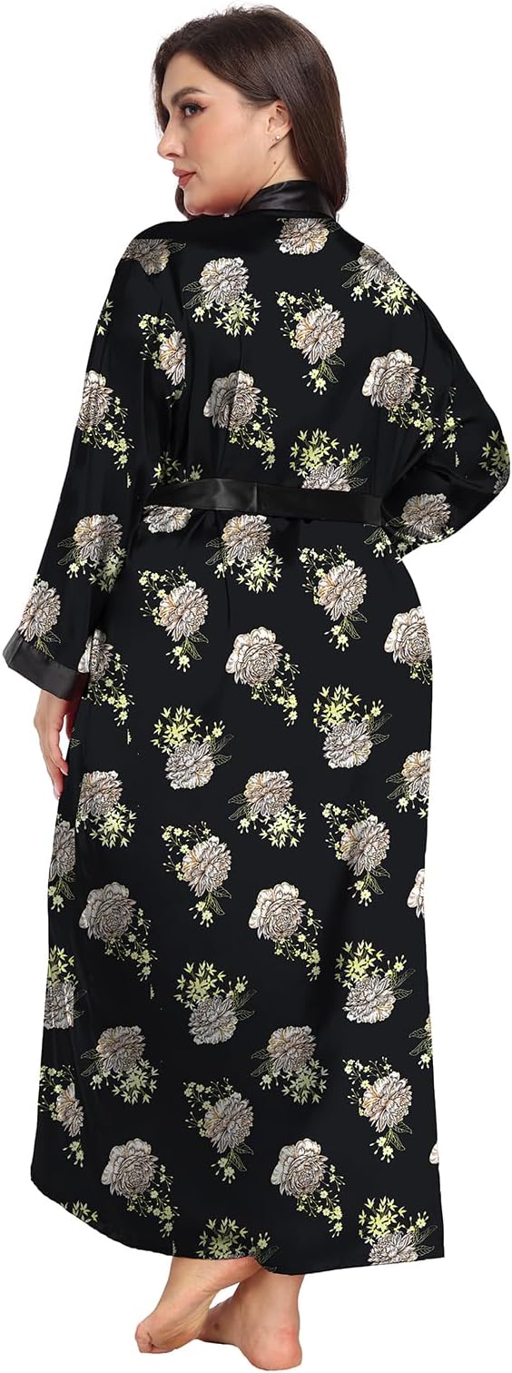 Womens Plus Size Silky Satin Kimono Robe Floral Long Bathrobe Wedding Sleepwear Dressing Gown