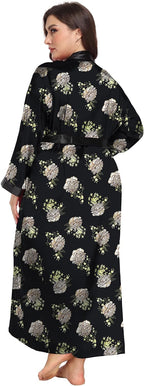 Womens Plus Size Silky Satin Kimono Robe Floral Long Bathrobe Wedding Sleepwear Dressing Gown