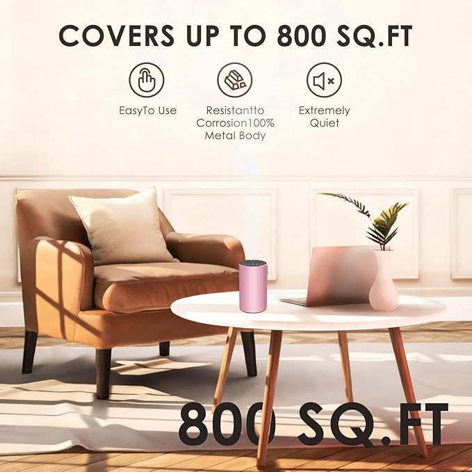 Waterless Essential Oil Diffuser, Battery Powered Mini Scent Air Machine, Aromatherapy Mist Diffuser for Home Room Car Office (Pink Aluminum Alloy)