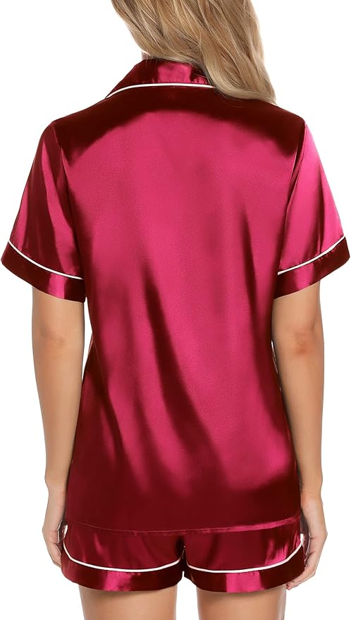 Samring Women's Silk Satin Pajamas Set Short Sleeve Sleepwear Two Piece Button Down Pj Set with Pockets S-XXL