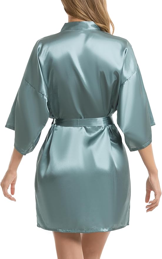 Vlazom Womens Kimono Robes Dressing Gown Satin Bathrobe Nightdress Short Style Bridal Robe