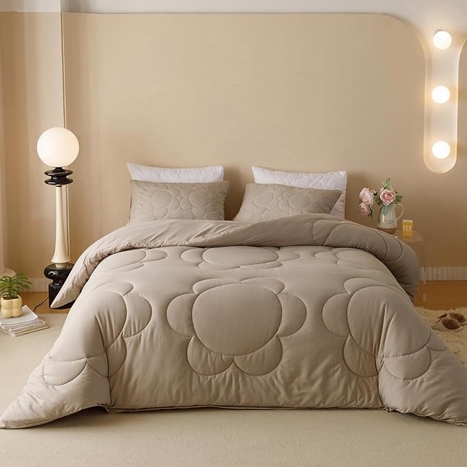 Luxlovery Mocha Sunflower Comforter Set Queen Beige Khaki Bedding Set Queen Size Boho Farmhouse Blanket Quilts Floral Elegant Soft Breathable Bedding Comforter Set